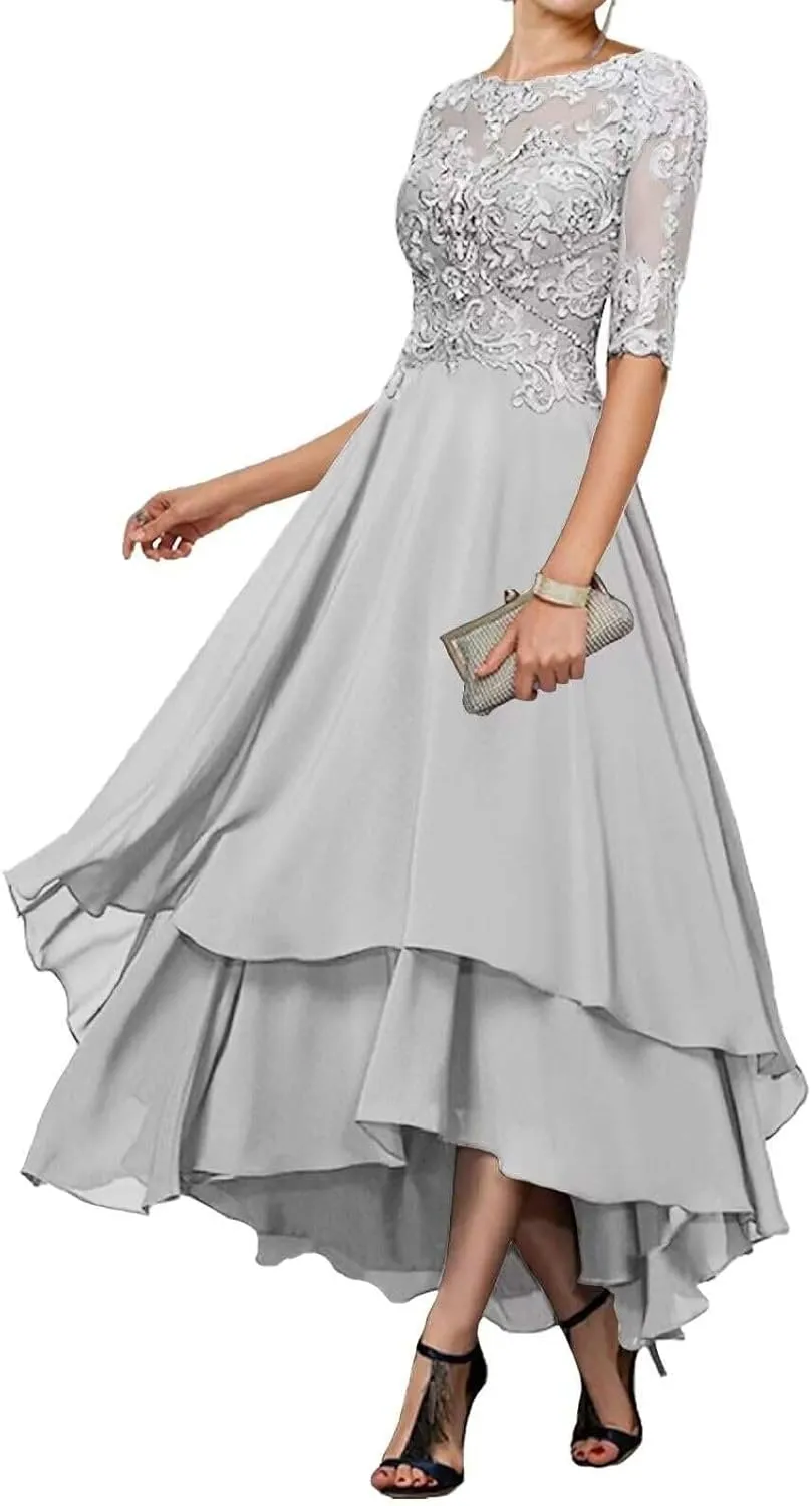Women's Half Sleeves Mother of The Bride Dresses Tea Length Lace Chiffon Formal Party Gown with Pocket
