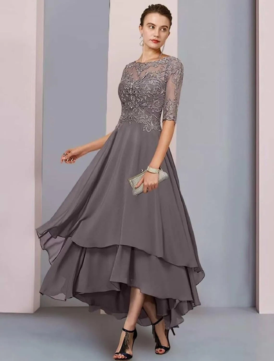Women's Half Sleeves Mother of The Bride Dresses Tea Length Lace Chiffon Formal Party Gown with Pocket