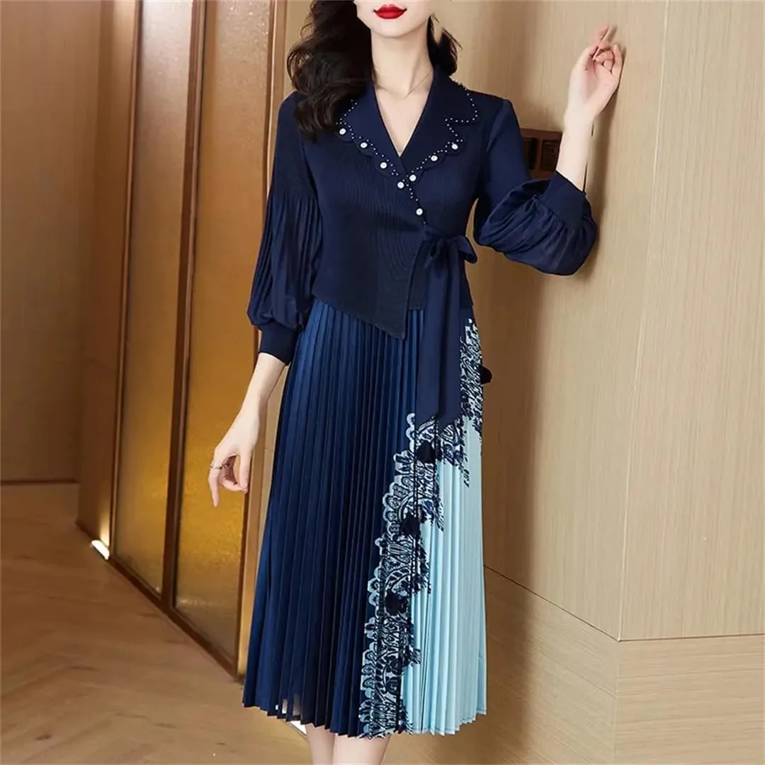 Women's High Stretch Pleated Maxi Skirt Solid Color Notch Neck Print Slim Fit A-Line Skirt