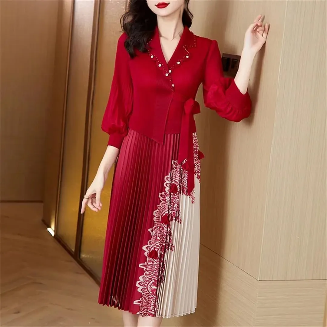 Women's High Stretch Pleated Maxi Skirt Solid Color Notch Neck Print Slim Fit A-Line Skirt