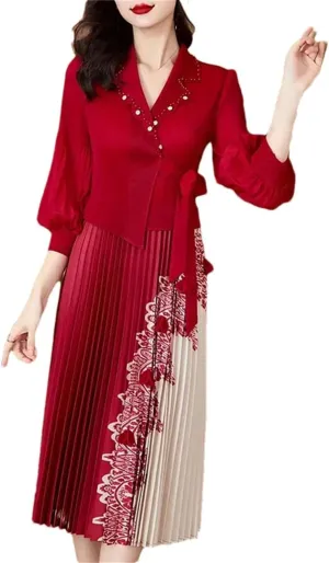 Women's High Stretch Pleated Maxi Skirt Solid Color Notch Neck Print Slim Fit A-Line Skirt