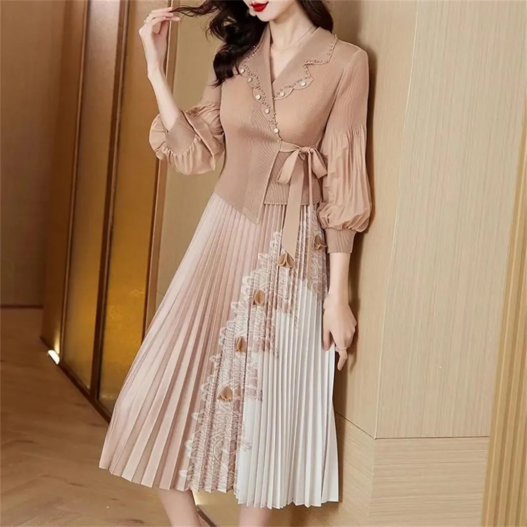 Women's High Stretch Pleated Maxi Skirt Solid Color Notch Neck Print Slim Fit A-Line Skirt