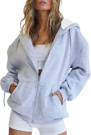 Women's Hoodies Full Zipper Hooded Sweatshirt Cute Fall Casual Oversized Drawstring Jackets with Pockets Winter Clothes