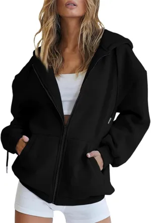 Women's Hoodies Full Zipper Hooded Sweatshirt Cute Fall Casual Oversized Drawstring Jackets with Pockets Winter Clothes