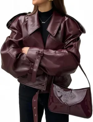 Womens Jacket Leather Jacket Women V Neck Retro Red Leather Jacket Faux Motorcycle Jacket with Belt Outfits for Women