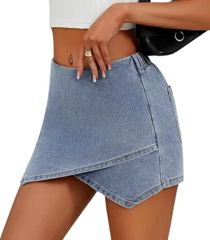 Women's Jean Skorts High Waist Wrap Asymmetrical Hem Mini Shorts Stretchy Trendy Casual Denim Shorts