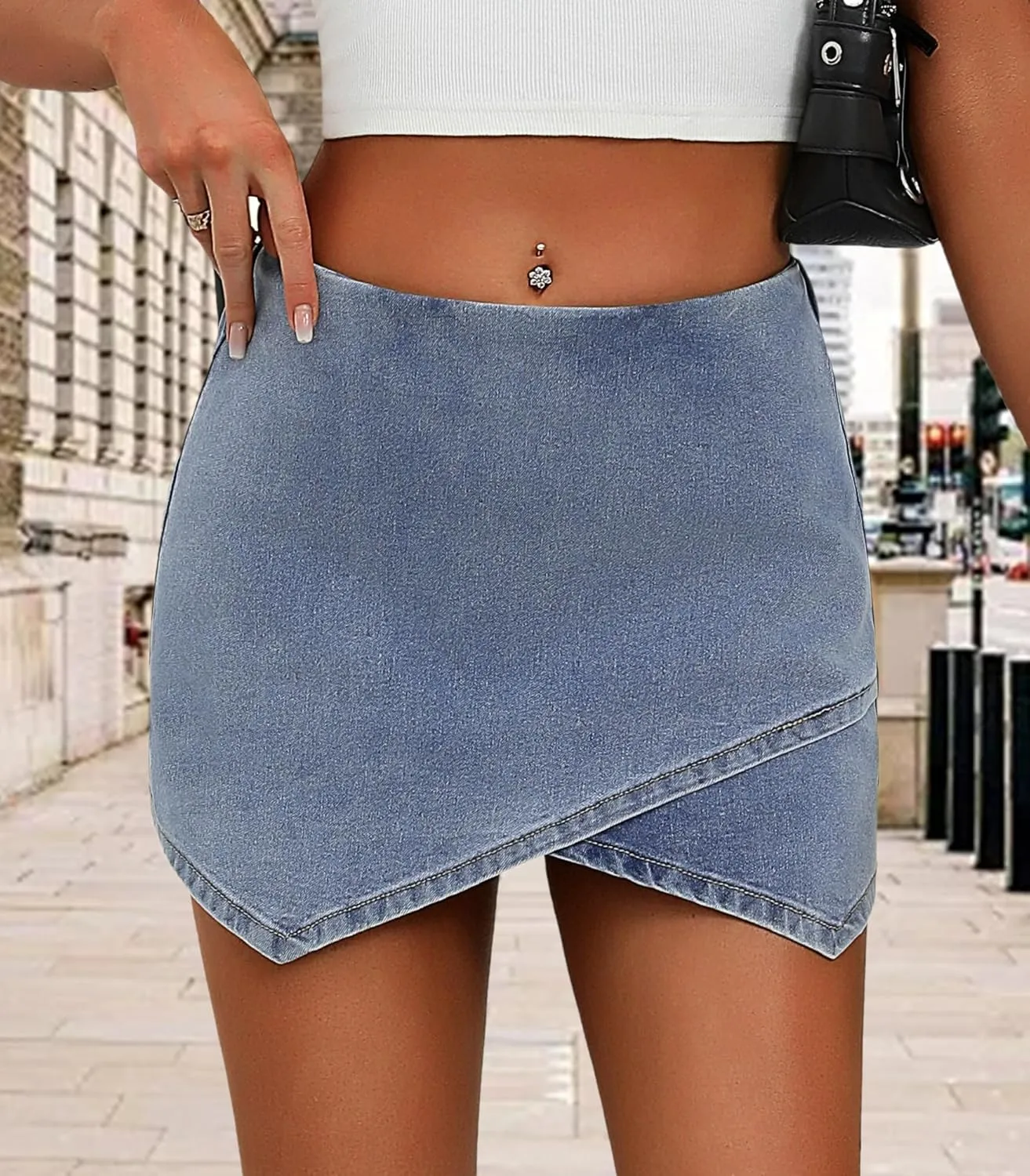 Women's Jean Skorts High Waist Wrap Asymmetrical Hem Mini Shorts Stretchy Trendy Casual Denim Shorts