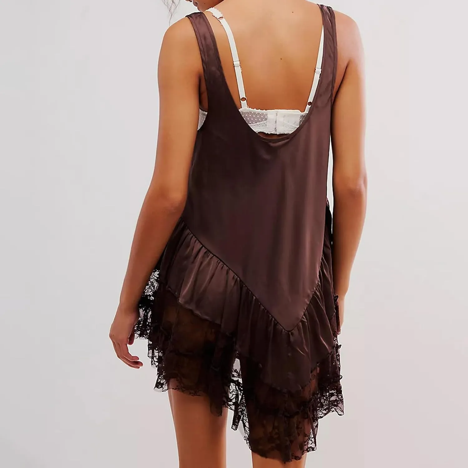 Women's Lace Flowy Mini Dress Y2k Sleevelss Backless Slip Dress Drop Waist Short Tunic Dress Lingerie Nightgown