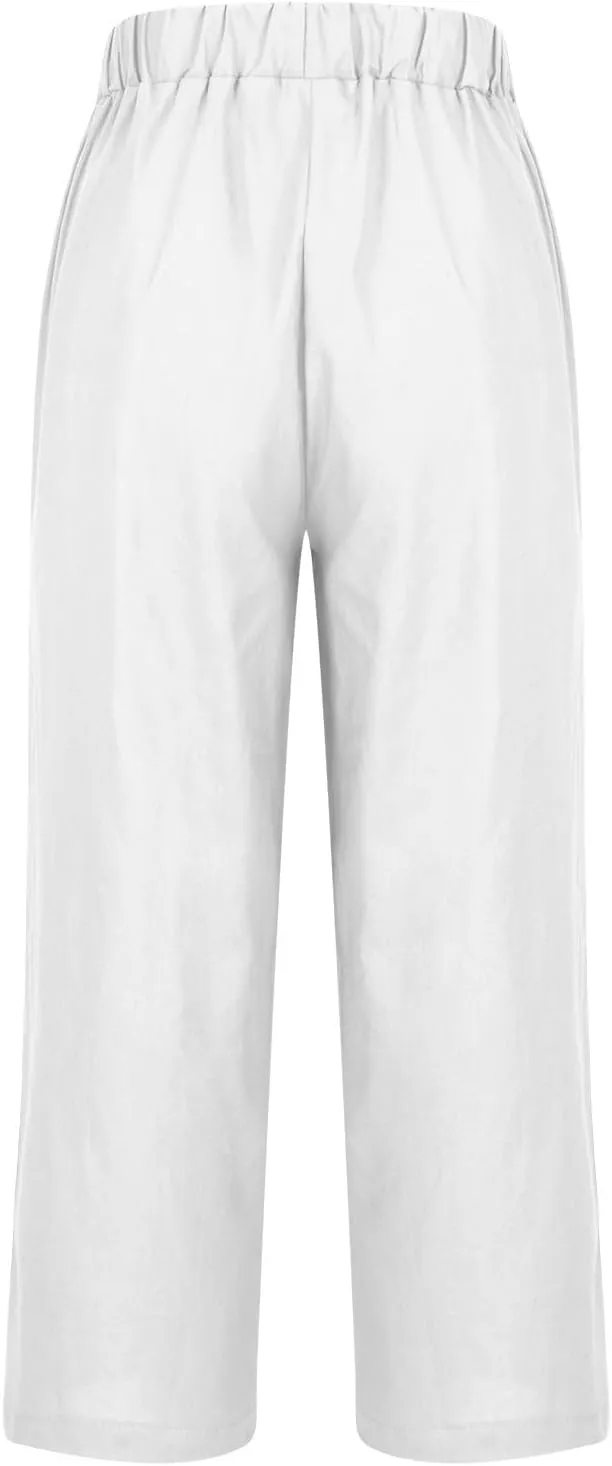 Women's Linen Pants 2025 Summer Spring Elastic Waisted Loose Straight Trouser Wide Leg Casual Pants with Pockets