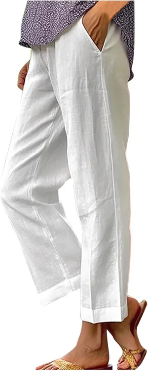 Women's Linen Pants 2025 Summer Spring Elastic Waisted Loose Straight Trouser Wide Leg Casual Pants with Pockets