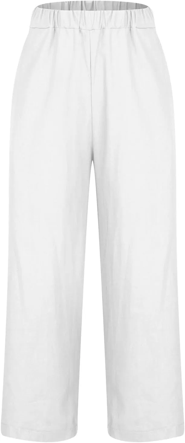Women's Linen Pants 2025 Summer Spring Elastic Waisted Loose Straight Trouser Wide Leg Casual Pants with Pockets