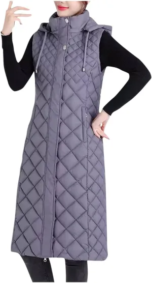 Womens Long Puffer Vest Full-Zip Hooded Sleeveless Down Jacket Winter Coat Thicken Slim Fit Quilted Jackets Outerwear