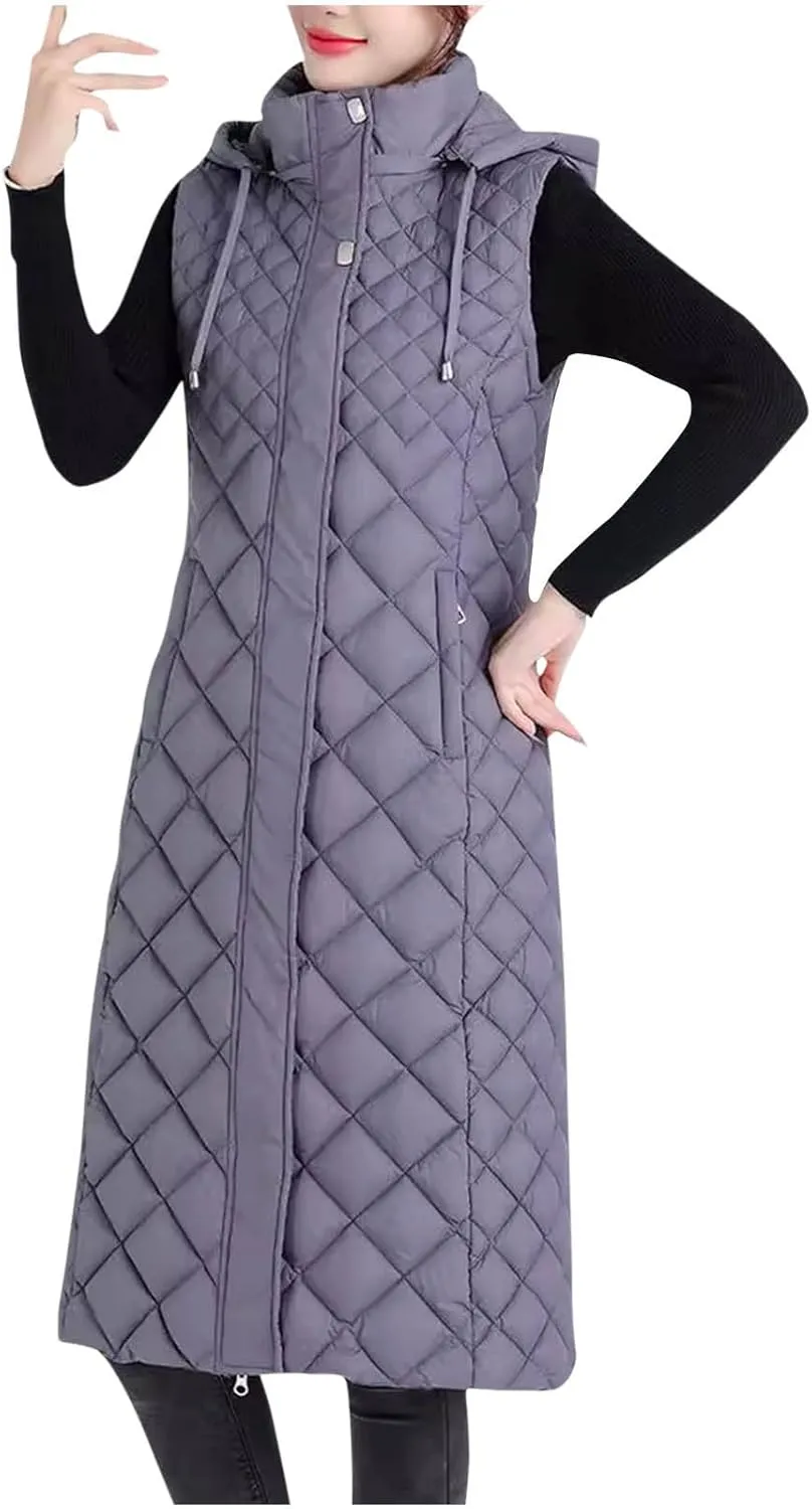 Womens Long Puffer Vest Full-Zip Hooded Sleeveless Down Jacket Winter Coat Thicken Slim Fit Quilted Jackets Outerwear