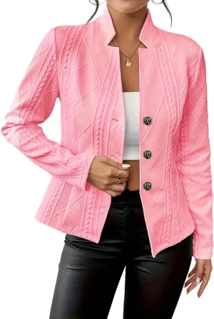 Women's Long Sleeve Business Blazer Jacket Button Down Notch Collar Textured Fitted Blazer Suit