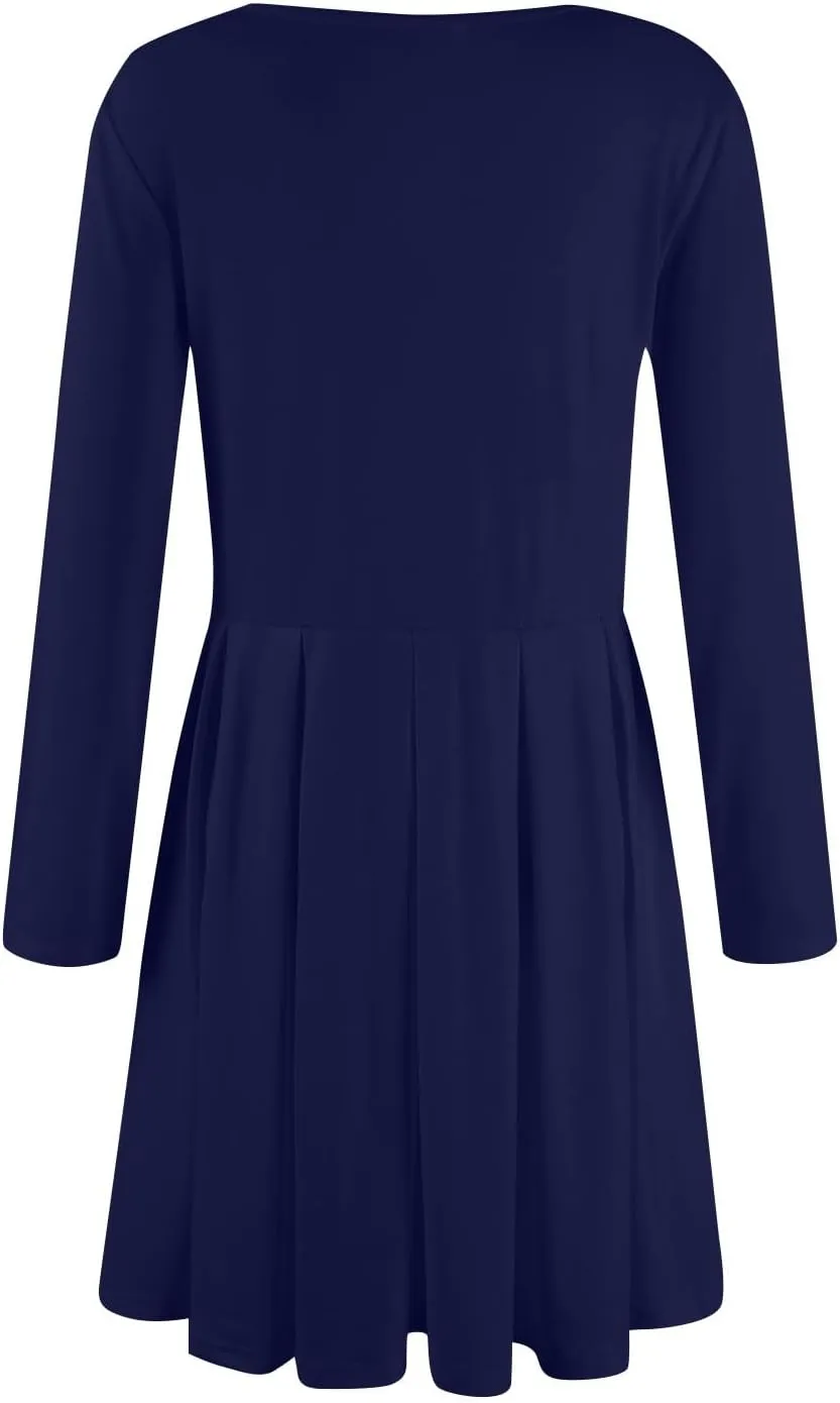Womens Long Sleeve Knee-Length Ruffle Dress Casual T Shirt Swing Dress Crew Neck Floral Print Outfits with Pockets