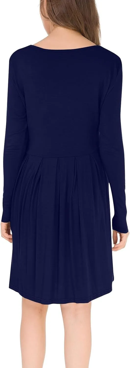 Womens Long Sleeve Knee-Length Ruffle Dress Casual T Shirt Swing Dress Crew Neck Floral Print Outfits with Pockets