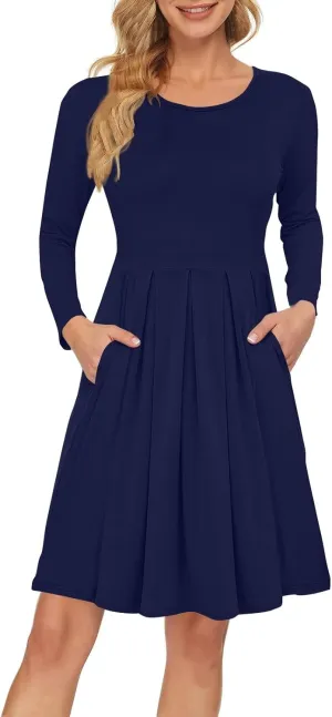 Womens Long Sleeve Knee-Length Ruffle Dress Casual T Shirt Swing Dress Crew Neck Floral Print Outfits with Pockets
