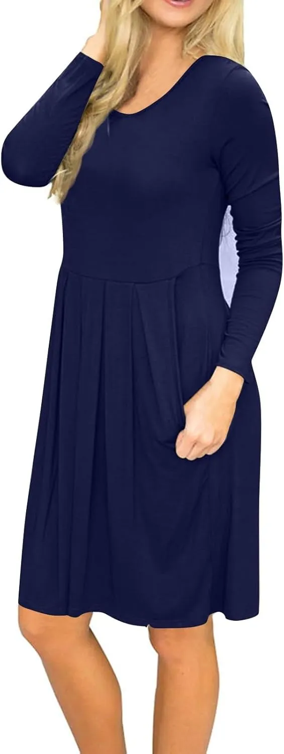 Womens Long Sleeve Knee-Length Ruffle Dress Casual T Shirt Swing Dress Crew Neck Floral Print Outfits with Pockets