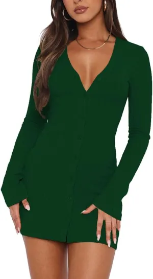 Womens Long Sleeve Sweater Dresses 2025 Spring Sexy V Neck Button Down Mini Dresses Trendy Fall Casual Knit Party Dress
