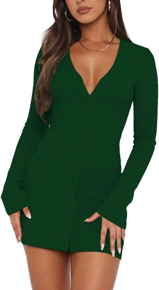 Womens Long Sleeve Sweater Dresses 2025 Spring Sexy V Neck Button Down Mini Dresses Trendy Fall Casual Knit Party Dress