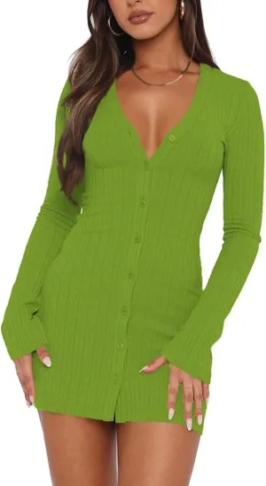 Womens Long Sleeve Sweater Dresses 2025 Spring Sexy V Neck Button Down Mini Dresses Trendy Fall Casual Knit Party Dress