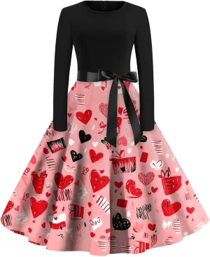 Women's Long Sleeve Vintage Swing Dress with Heart Print, Elegant A-Line Midi Dress for Party and Casual Wear