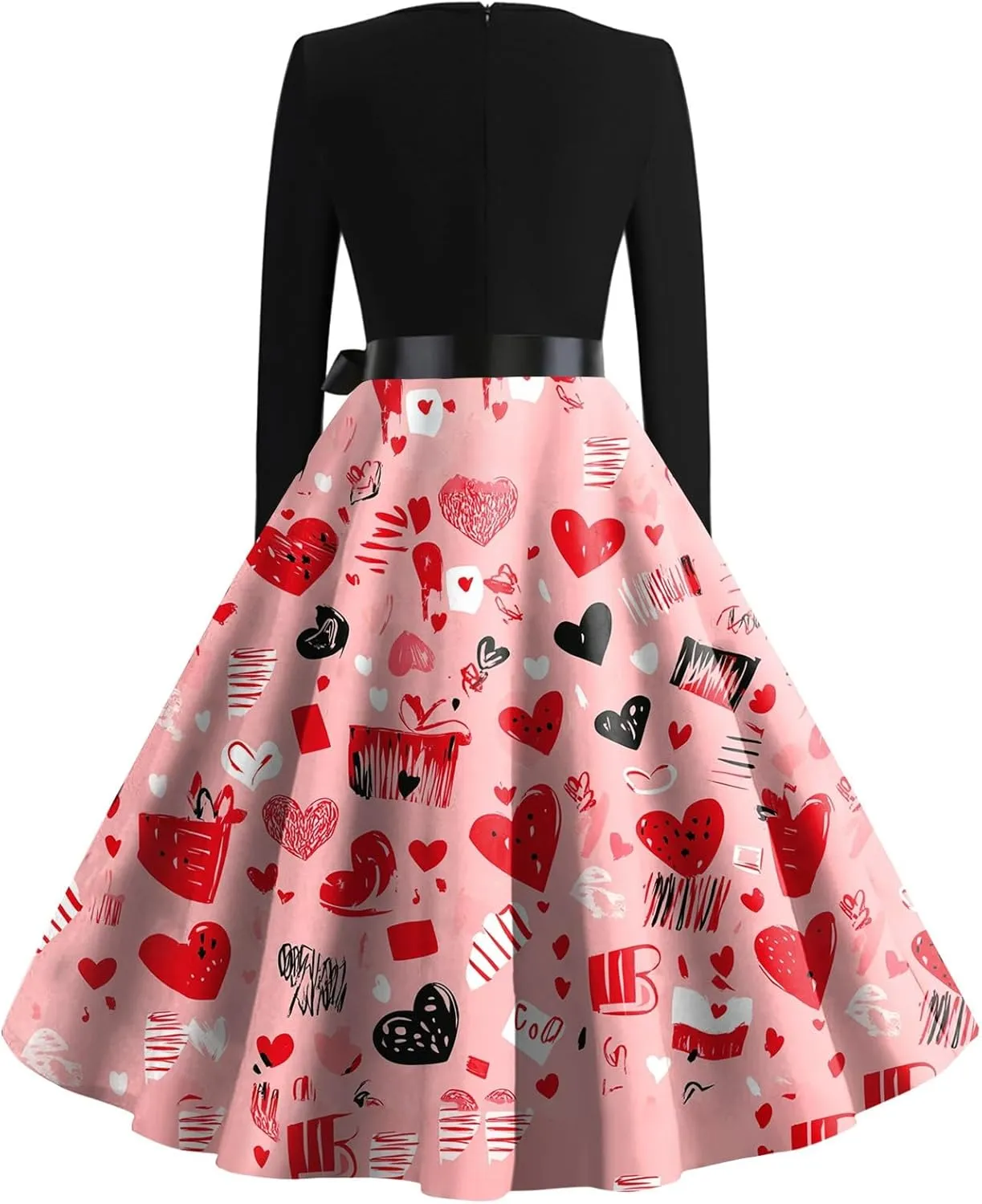 Women's Long Sleeve Vintage Swing Dress with Heart Print, Elegant A-Line Midi Dress for Party and Casual Wear