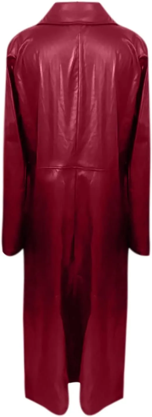 Womens Long Trench Coat Faux Leather Maxi Coat Full Length Casual PU Windproof Coat Lapel Collar Windbreaker Jacket