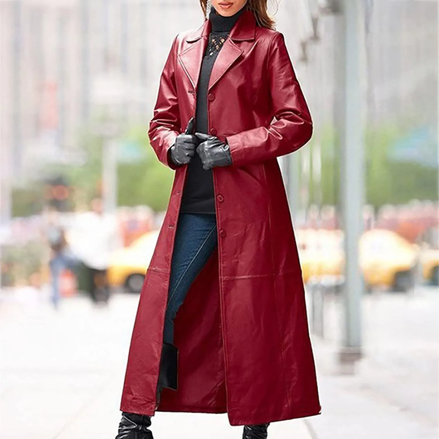 Womens Long Trench Coat Faux Leather Maxi Coat Full Length Casual PU Windproof Coat Lapel Collar Windbreaker Jacket
