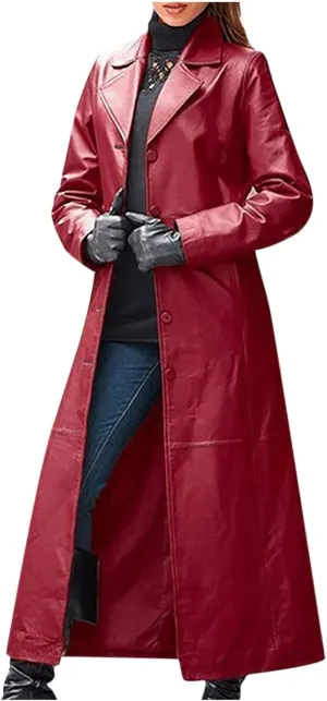 Womens Long Trench Coat Faux Leather Maxi Coat Full Length Casual PU Windproof Coat Lapel Collar Windbreaker Jacket