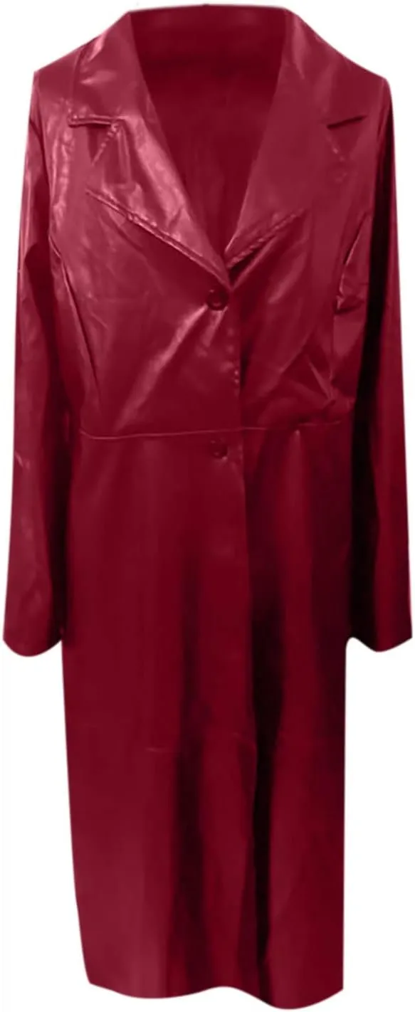 Womens Long Trench Coat Faux Leather Maxi Coat Full Length Casual PU Windproof Coat Lapel Collar Windbreaker Jacket