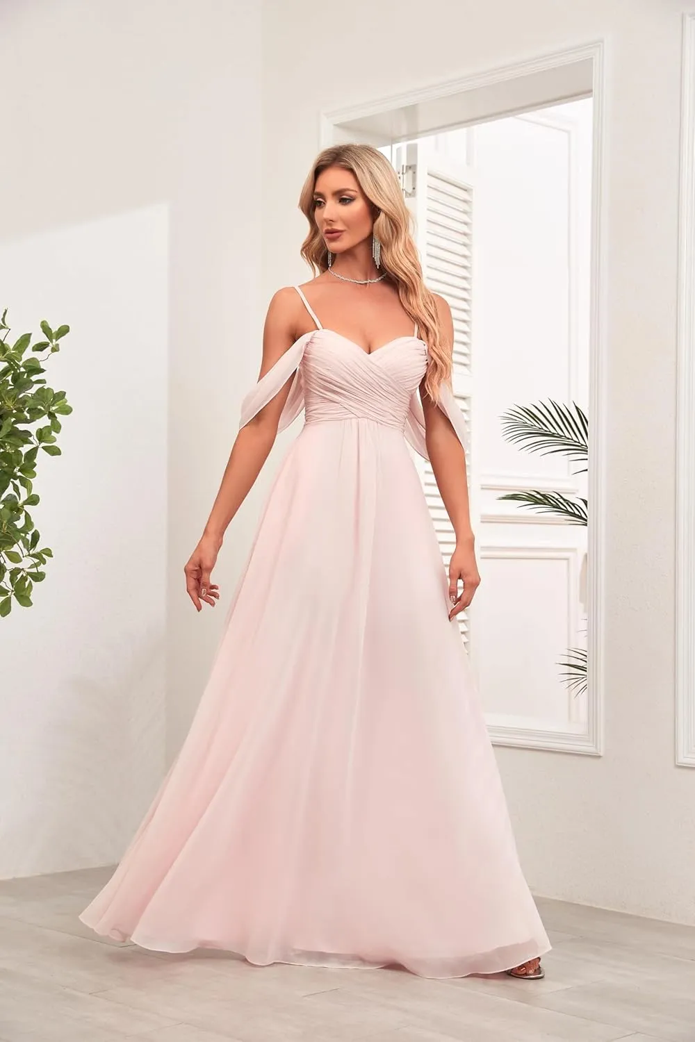 Women's Off Shoulder Bridesmaid Dress Long with Slit Chiffon Ruffles Pleats Formal Party Dresses