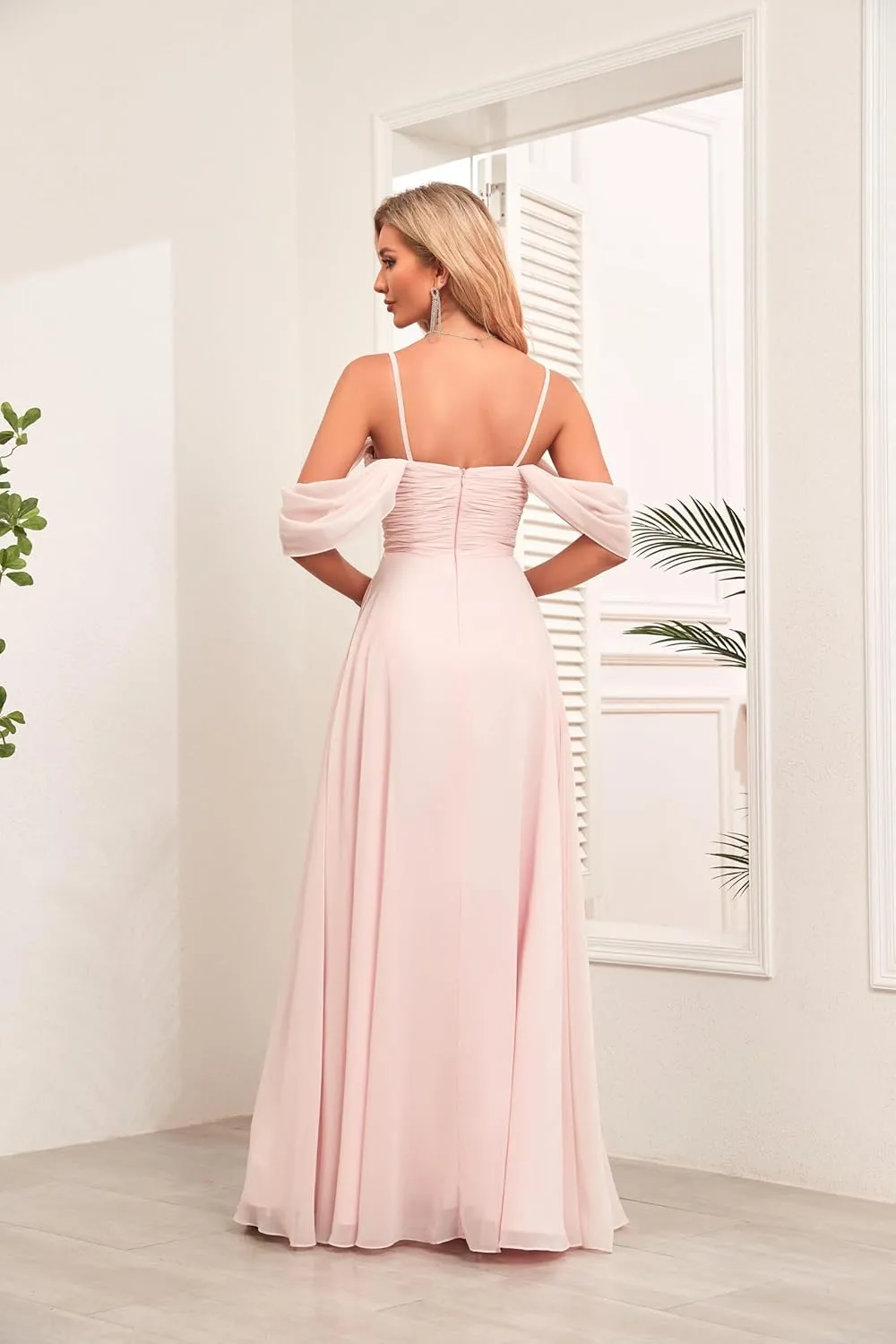 Women's Off Shoulder Bridesmaid Dress Long with Slit Chiffon Ruffles Pleats Formal Party Dresses