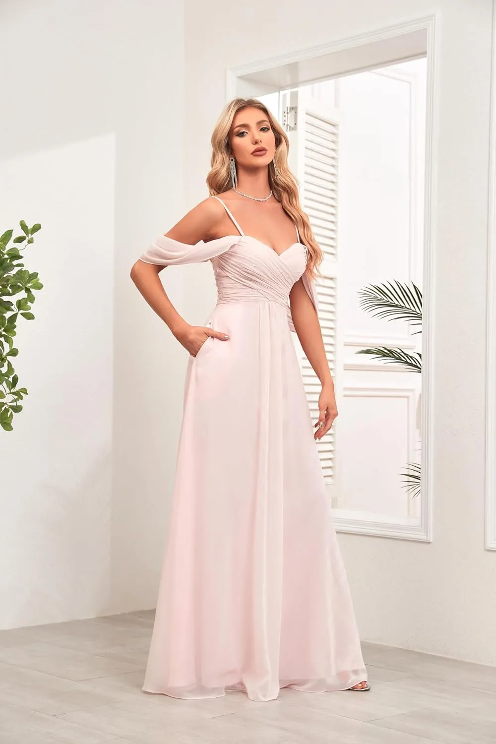 Women's Off Shoulder Bridesmaid Dress Long with Slit Chiffon Ruffles Pleats Formal Party Dresses