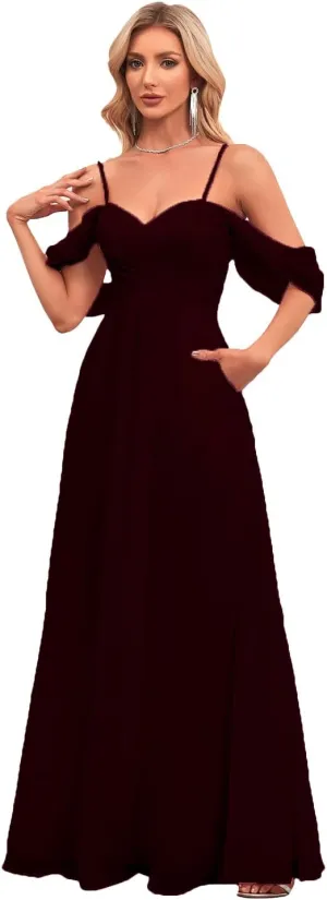 Women's Off Shoulder Bridesmaid Dress Long with Slit Chiffon Ruffles Pleats Formal Party Dresses
