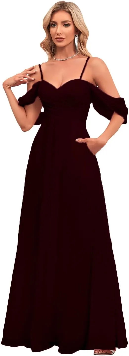 Women's Off Shoulder Bridesmaid Dress Long with Slit Chiffon Ruffles Pleats Formal Party Dresses