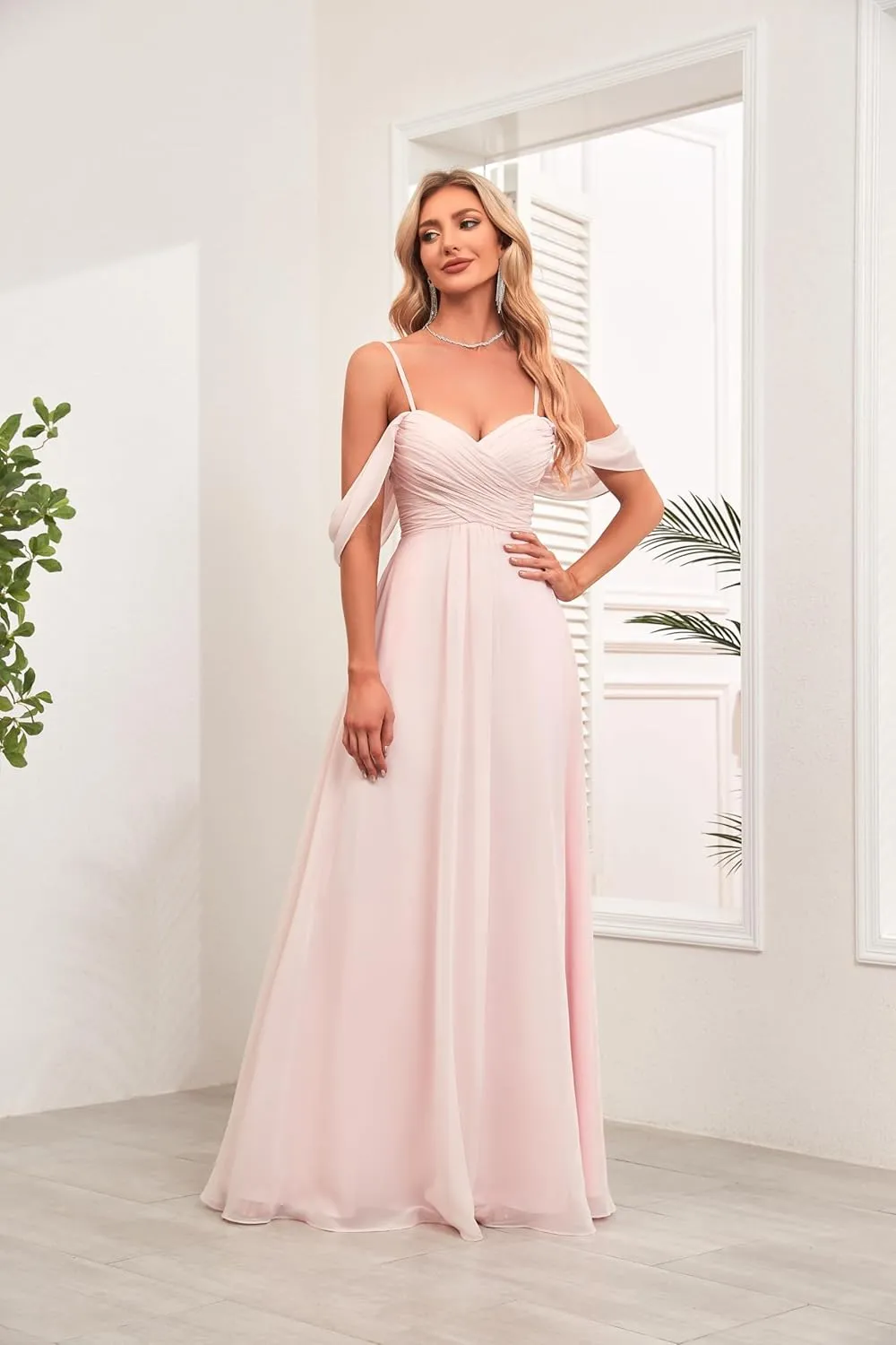 Women's Off Shoulder Bridesmaid Dress Long with Slit Chiffon Ruffles Pleats Formal Party Dresses