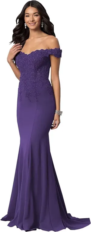 Women's Off The Shoulder Mermaid Prom Dresses Long Chiffon Bridesmaid Dress Formal Evening Gown Purple US24W