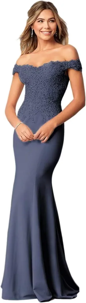 Women's Off The Shoulder Mermaid Prom Dresses Long Chiffon Bridesmaid Dress Formal Evening Gown Stormy Blue US14