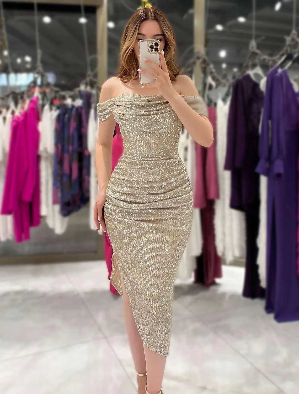 Women's Off The Shoulder Sequin Prom Dresses Asymmetrical Pleated Midi Formal Evening Party Gown