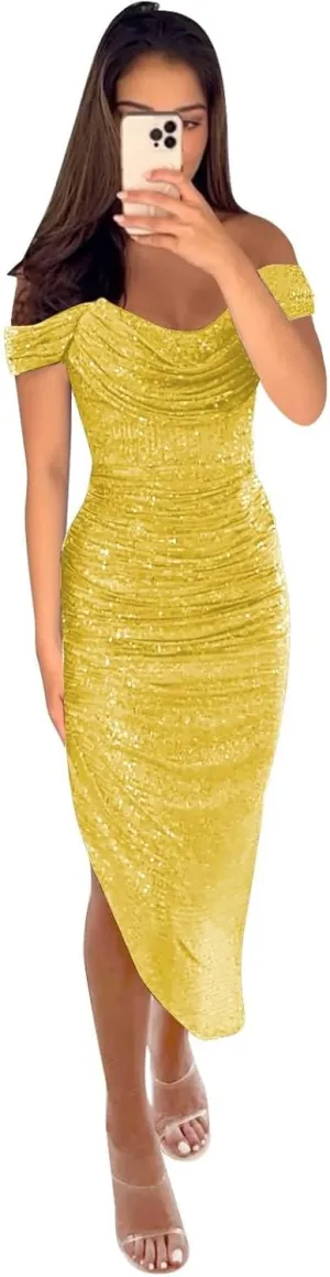 Women's Off The Shoulder Sequin Prom Dresses Asymmetrical Pleated Midi Formal Evening Party Gown