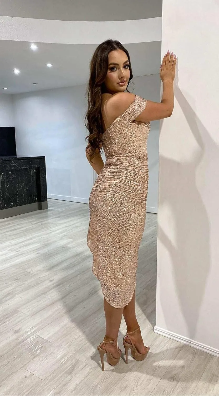 Women's Off The Shoulder Sequin Prom Dresses Asymmetrical Pleated Midi Formal Evening Party Gown
