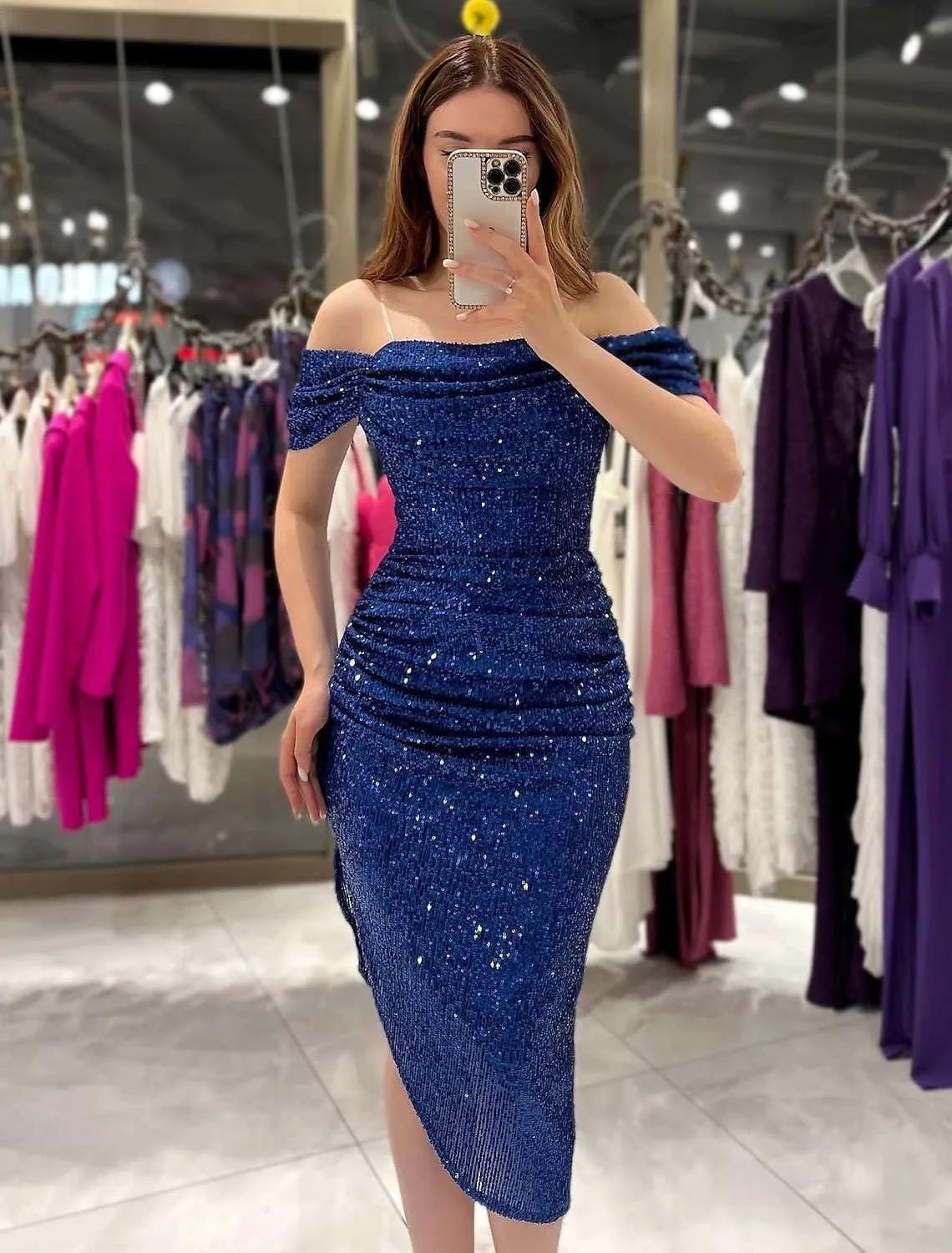 Women's Off The Shoulder Sequin Prom Dresses Asymmetrical Pleated Midi Formal Evening Party Gown
