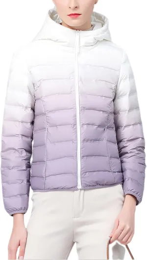 Womens Ombre Color Puffer Jacket with Hood Zipper Long Sleeve down Jackets Casual Lightweight Winter Warm Padded Coat