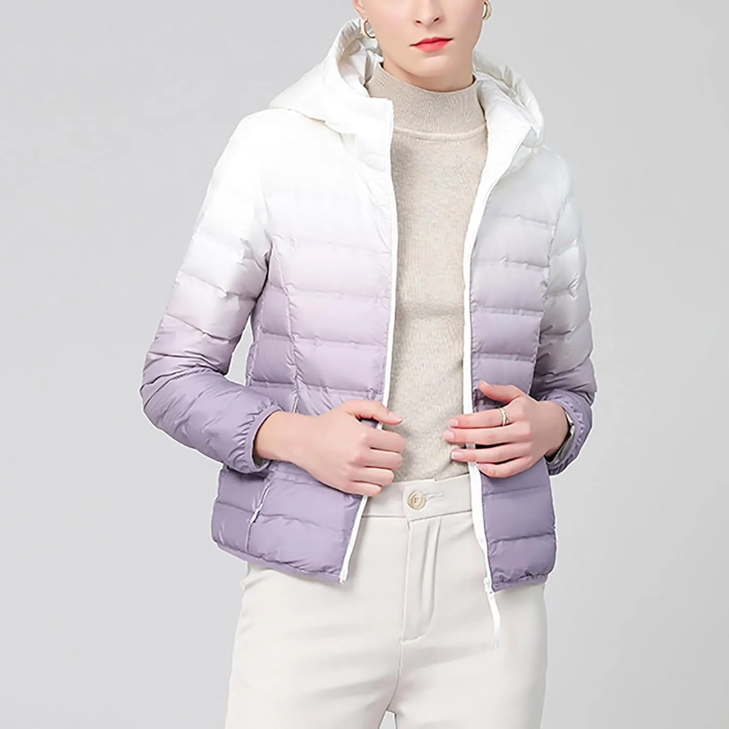 Womens Ombre Color Puffer Jacket with Hood Zipper Long Sleeve down Jackets Casual Lightweight Winter Warm Padded Coat