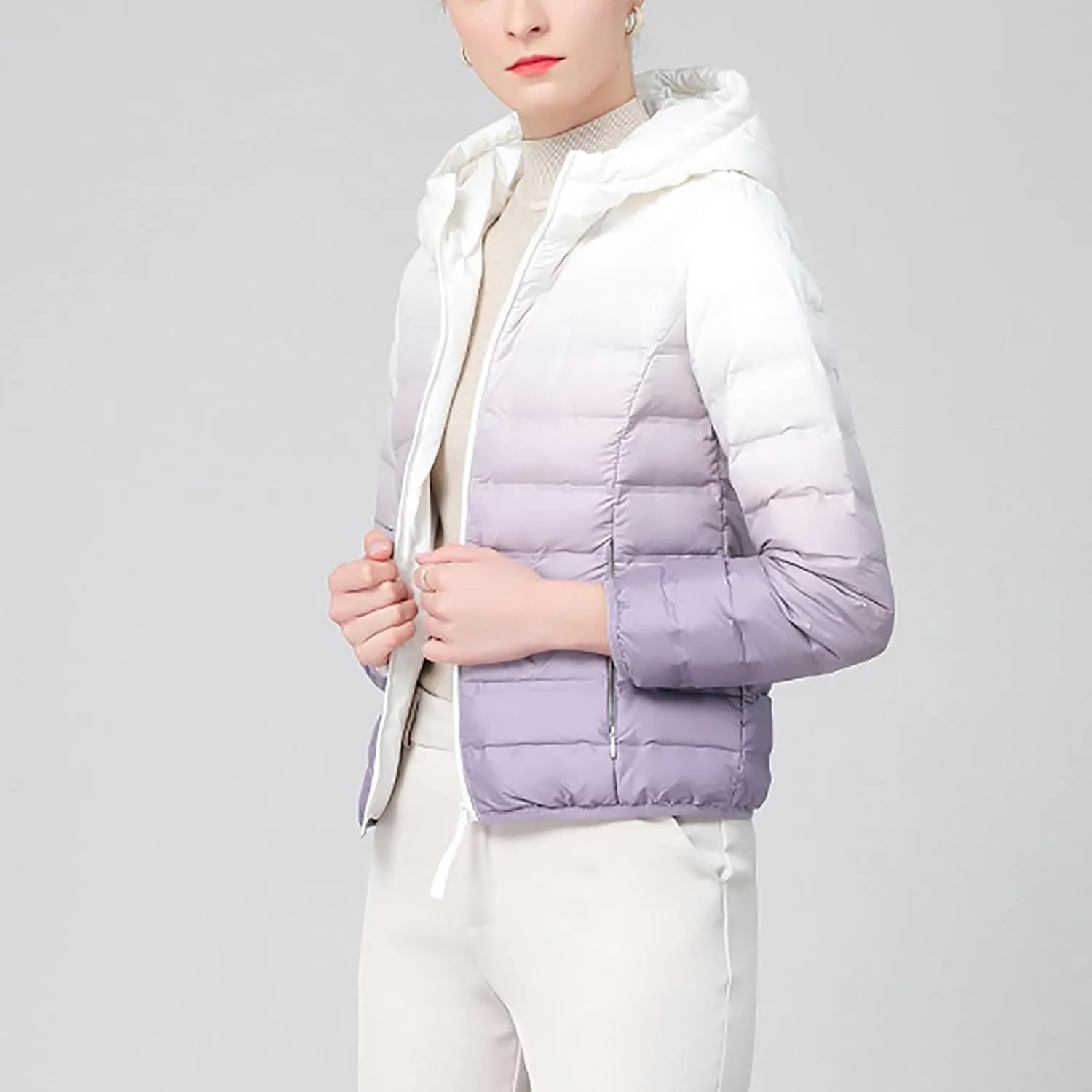 Womens Ombre Color Puffer Jacket with Hood Zipper Long Sleeve down Jackets Casual Lightweight Winter Warm Padded Coat