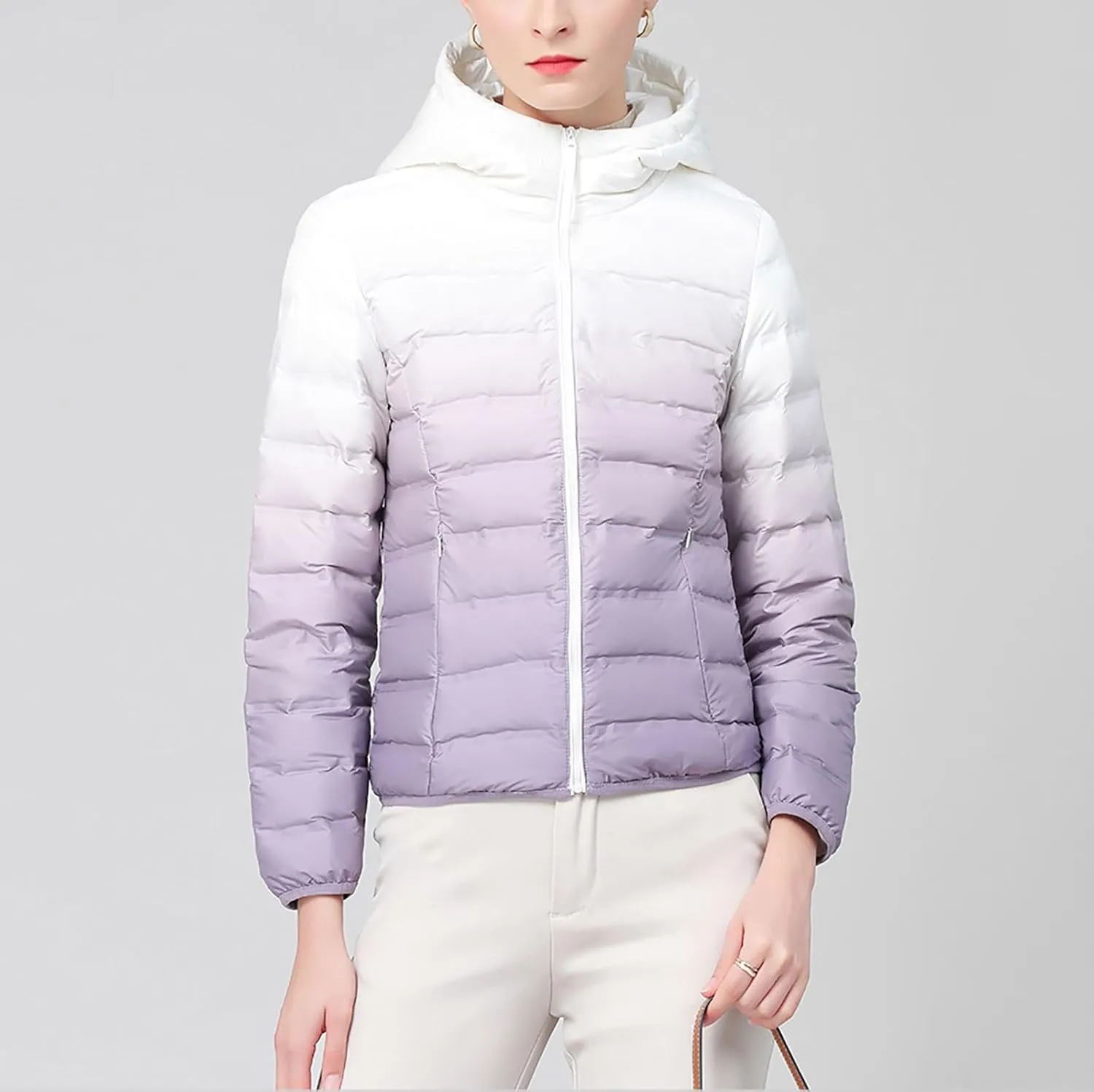 Womens Ombre Color Puffer Jacket with Hood Zipper Long Sleeve down Jackets Casual Lightweight Winter Warm Padded Coat