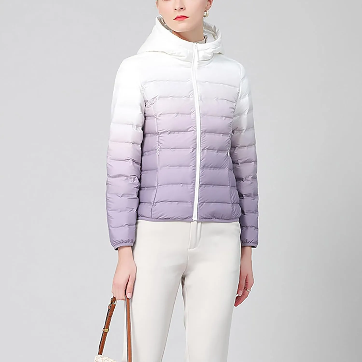 Womens Ombre Color Puffer Jacket with Hood Zipper Long Sleeve down Jackets Casual Lightweight Winter Warm Padded Coat