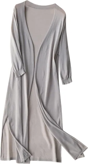Women's Open Front Cardigan Plus Size Lightweight Solid Long Sleeve Cotton Linen Side Slit Coats Casual Maxi Duster