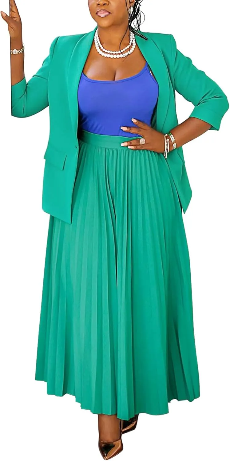 Women's Plus Size 2 Piece Outfits Casual Open Front Blazer and High Waist Pleated Maxi Skirt Sets Business Suits